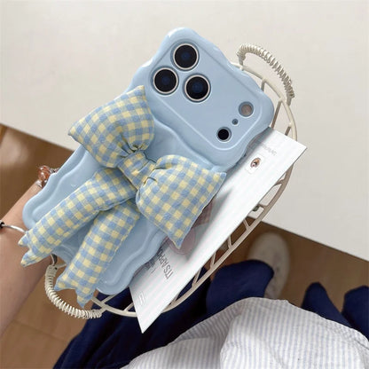 【ウェーブフレーム】ぷっくり 立体 ギンガムチェックリボン スマホケース｜iPhone対応 #241230