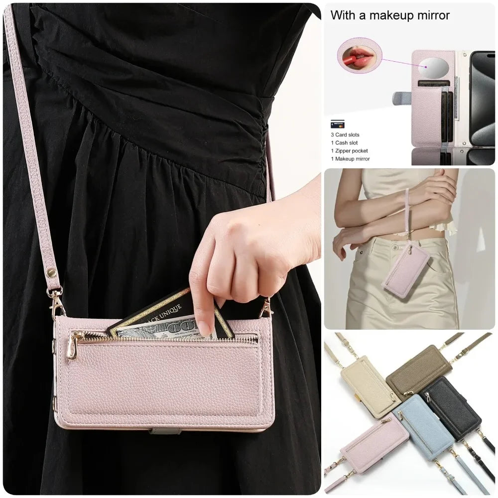 【ブックスタイル】レザー調 財布一体型 手帳型 iPhoneケース｜ファスナー収納・ミラー付き #240201