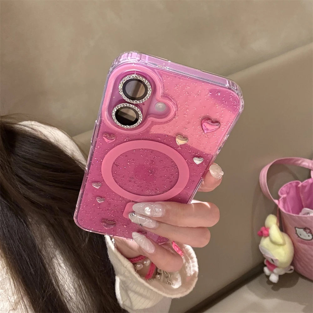 ホットピンク ぷっくりハート ラメグリッター Magnet内蔵 iPhoneケース｜Y2K・韓国ガーリー #230728
