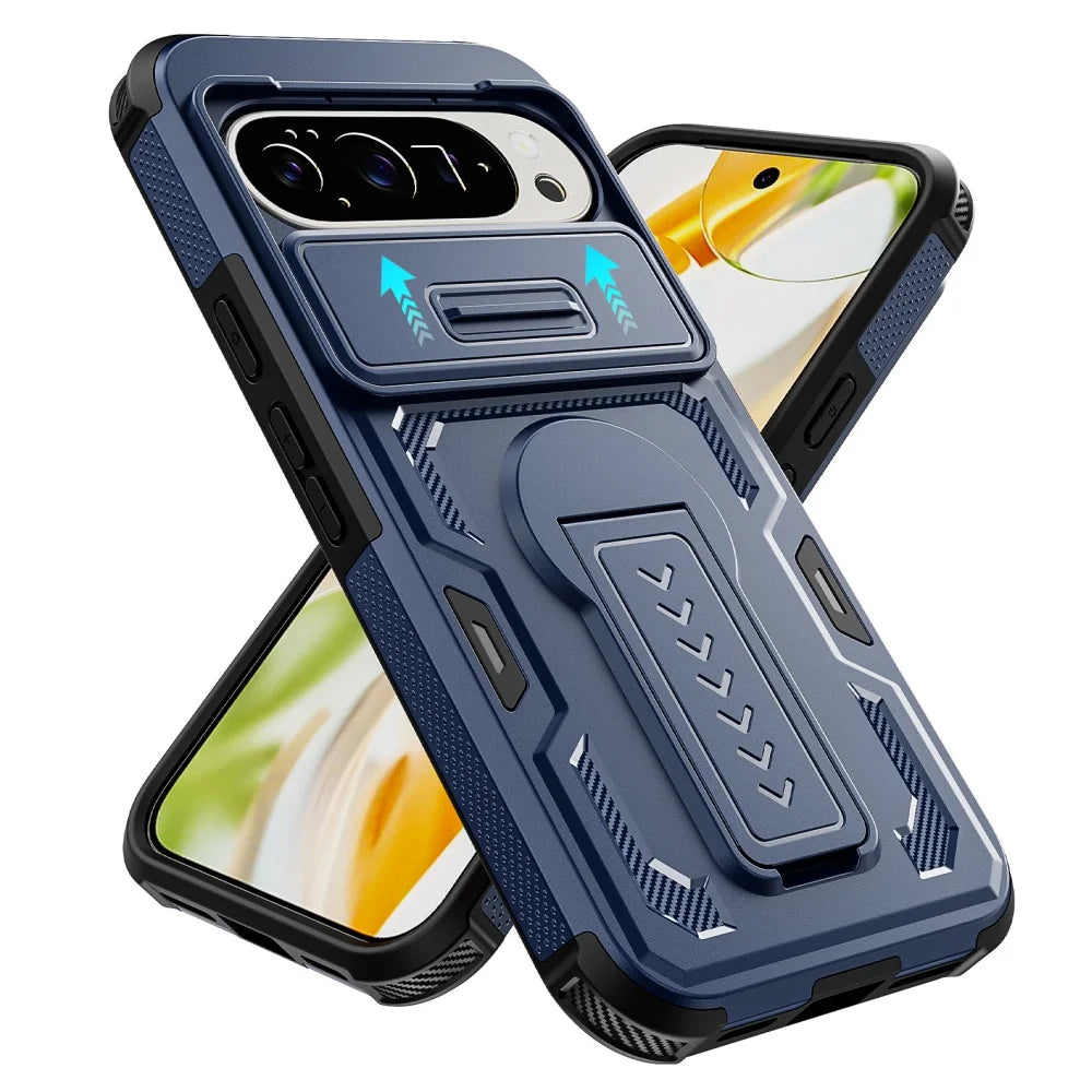 【Google Pixel対応】カーボン調 カメラスライダー付きスタンド耐衝撃ケース シンプル マット スマホケース PCA #261111