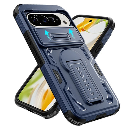 【Google Pixel対応】カーボン調 カメラスライダー付きスタンド耐衝撃ケース シンプル マット スマホケース PCA #261111