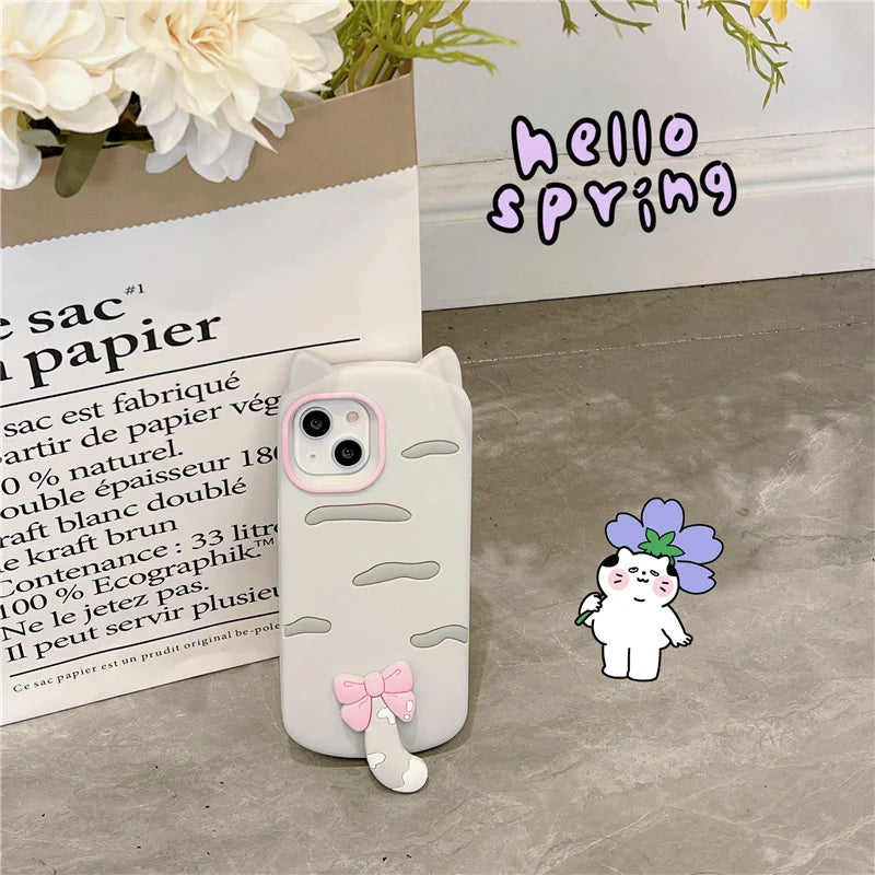 【猫耳シリーズ】しっぽ付き リボン デザイン マット グレー iPhoneケース｜くすみカラー #240212