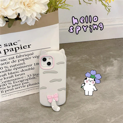 【猫耳シリーズ】しっぽ付き リボン デザイン マット グレー iPhoneケース｜くすみカラー #240212