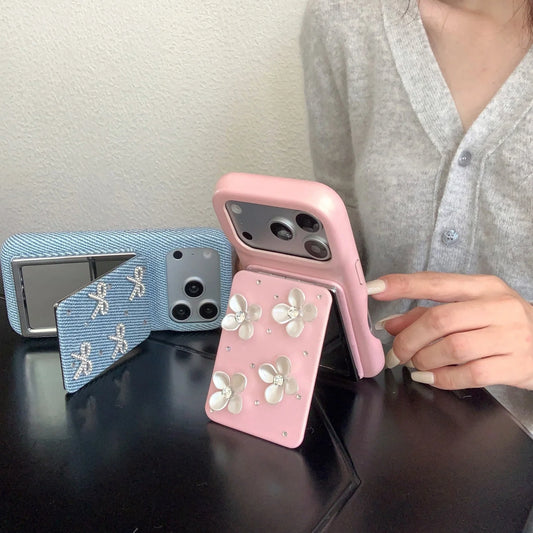 フラワーデコ パール・上品ガーリー フリップミラー付き iPhoneケース #231105