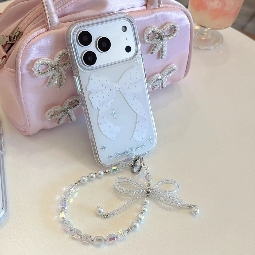 ビジュー ラメリボン ビーズストラップ付き クリア iPhoneケース #260602