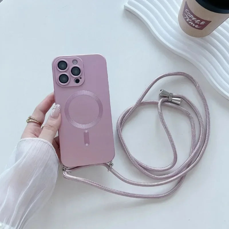 【ワイヤレス充電対応シリーズ】マットメタル ストラップ付きシンプルデザイン スマホケース｜iPhone対応 #251106