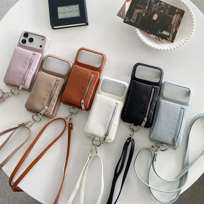 【ミニウォレットジップ】ファスナーポケット × レザー調 スマホケース｜iPhone対応 #240804