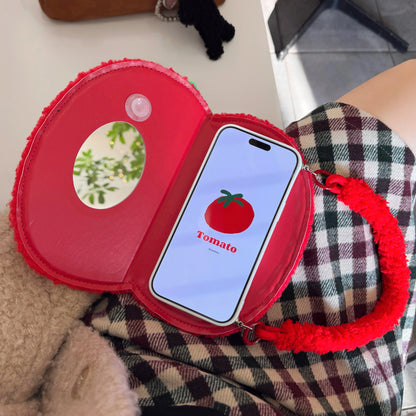 【もこもこ手帳型デザイン】フルーツ トマト ハンドルストラップ付き iPhoneケース #240611