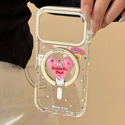 【マグネット式折りたたみハートスタンド付き】クリア カラフルスター ピンクハート スタンド スマホケース｜iPhone対応 #240630