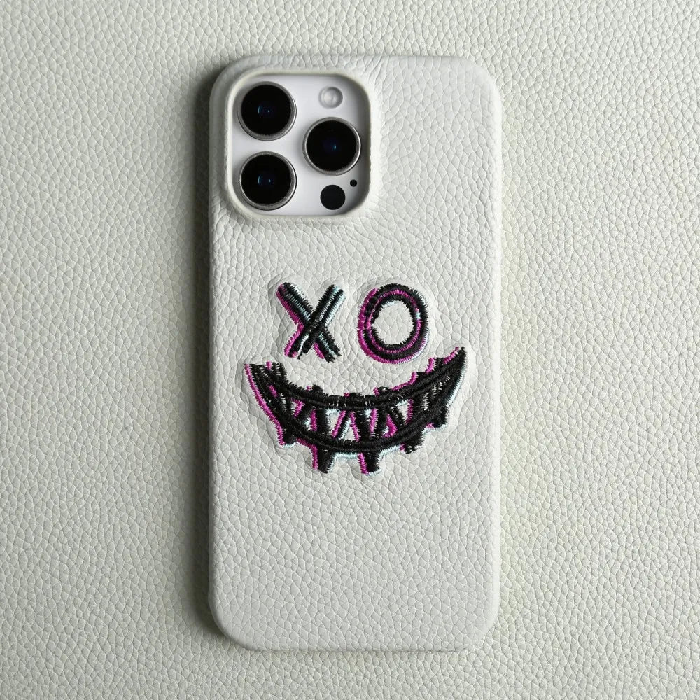 【本革シリーズ】艶なし シボ革 スマイル ステッチ レザーケース｜iPhone対応 #240901