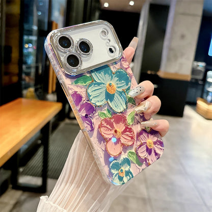 【フラワーアートシリーズ】カラフルハンドペイント風 キラキラレンズ保護 花柄 スマホケース｜iPhone対応 #251208