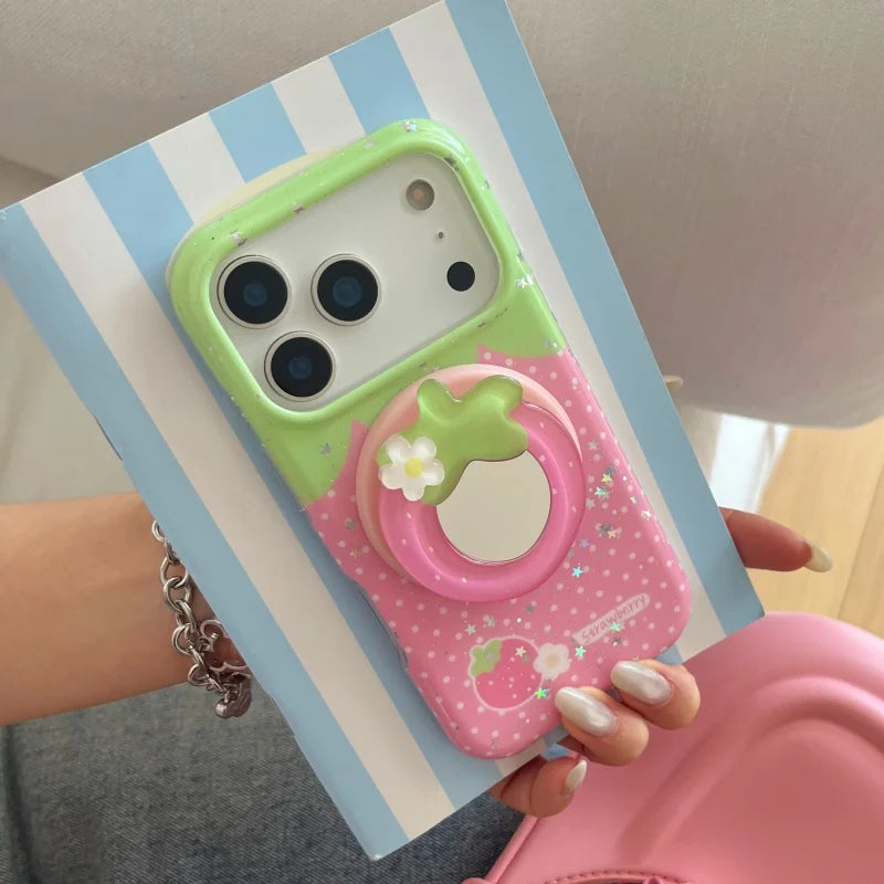 ストロベリードット ミラーグリップ付き iPhoneケース｜いちごイラスト・3Dフルーツグリップ #240429
