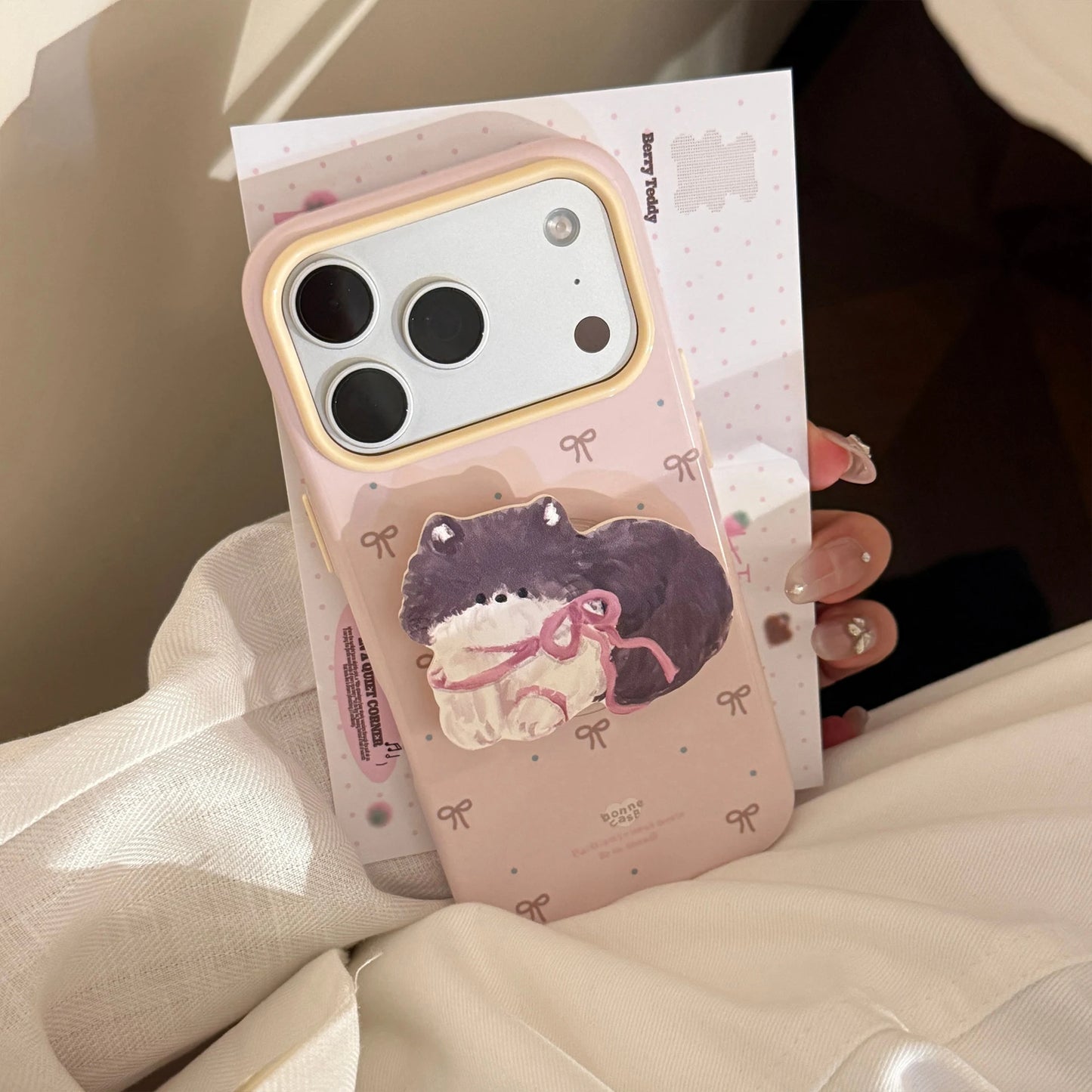 ホルダー付き iPhoneケースアニマル＆リボン柄 淡色ガーリー・韓国風・キュート #261089