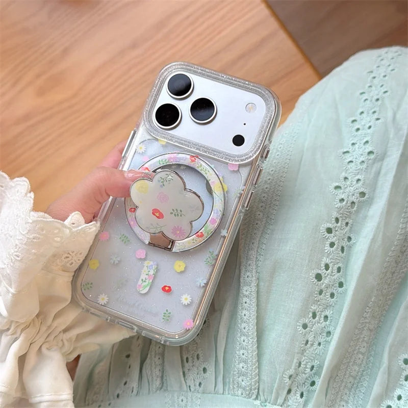 【カラフル】フラワーiPhoneケース Magnetスタンド クリア ｜ナチュラル・韓国風 #231025