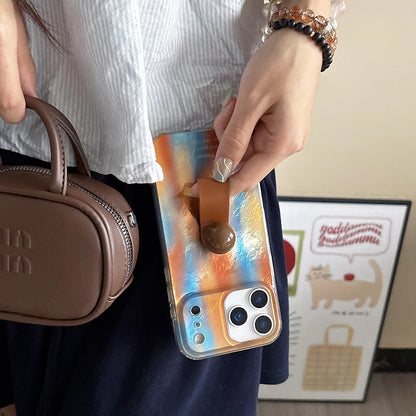 【アートマーブルグリップ】オレンジ×ブルー メタリックマーブル スマホケース｜iPhone対応 #250213