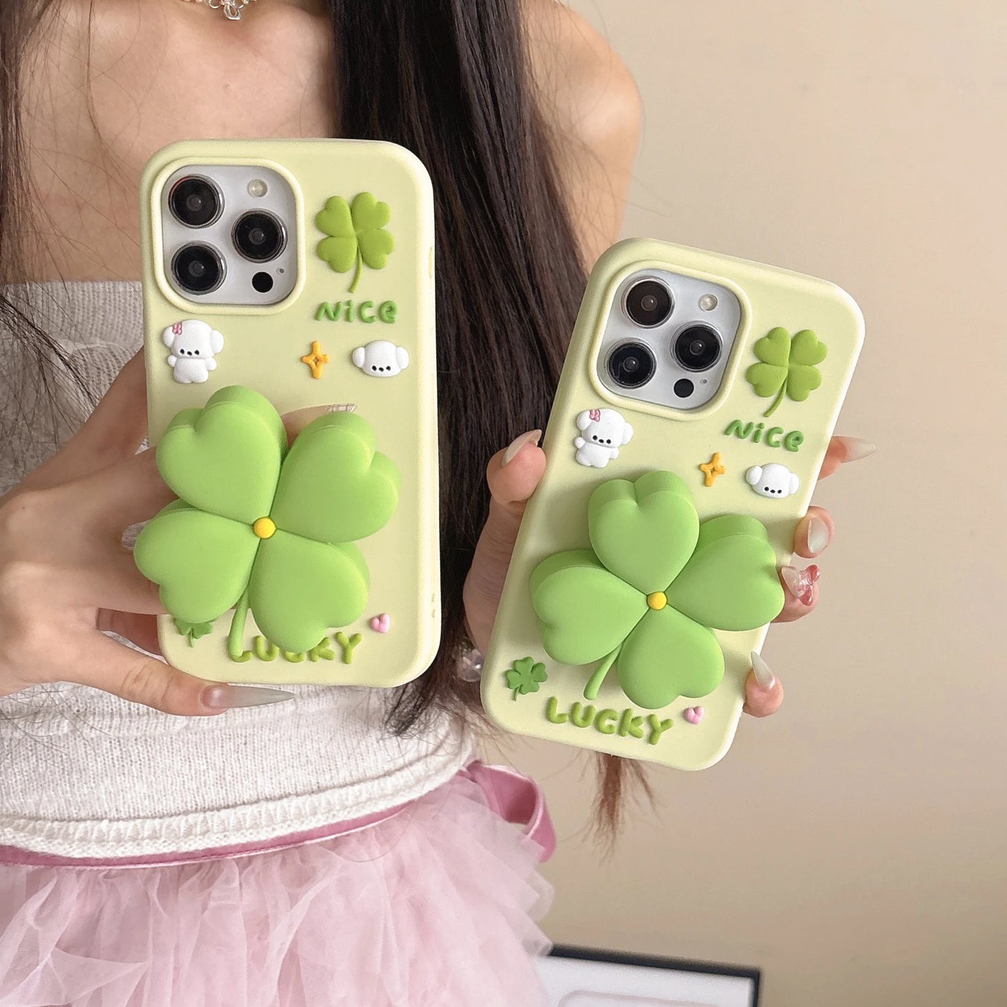 【3Dシリーズ】立体クローバー×LUCKYポップデザイン スマホケース｜iPhone対応 #250918