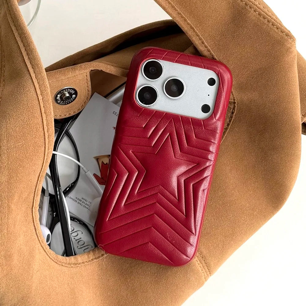 【スターエンボス】立体スター 星柄  型押しステッチ レザー調 スマホケース｜iPhone対応 #240615