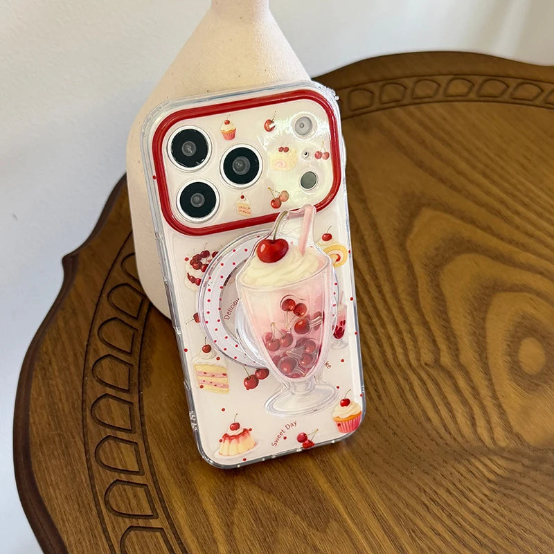 チェリーサンデー パフェ Magnet内蔵 グリップ付き クリア iPhoneケース #240119