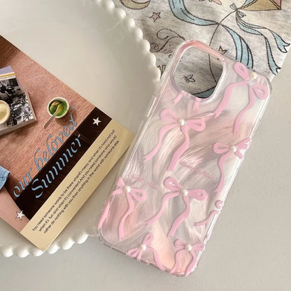 【パールピンクリボン】リボン×パールアクセント スマホケース｜iPhone対応 #250607