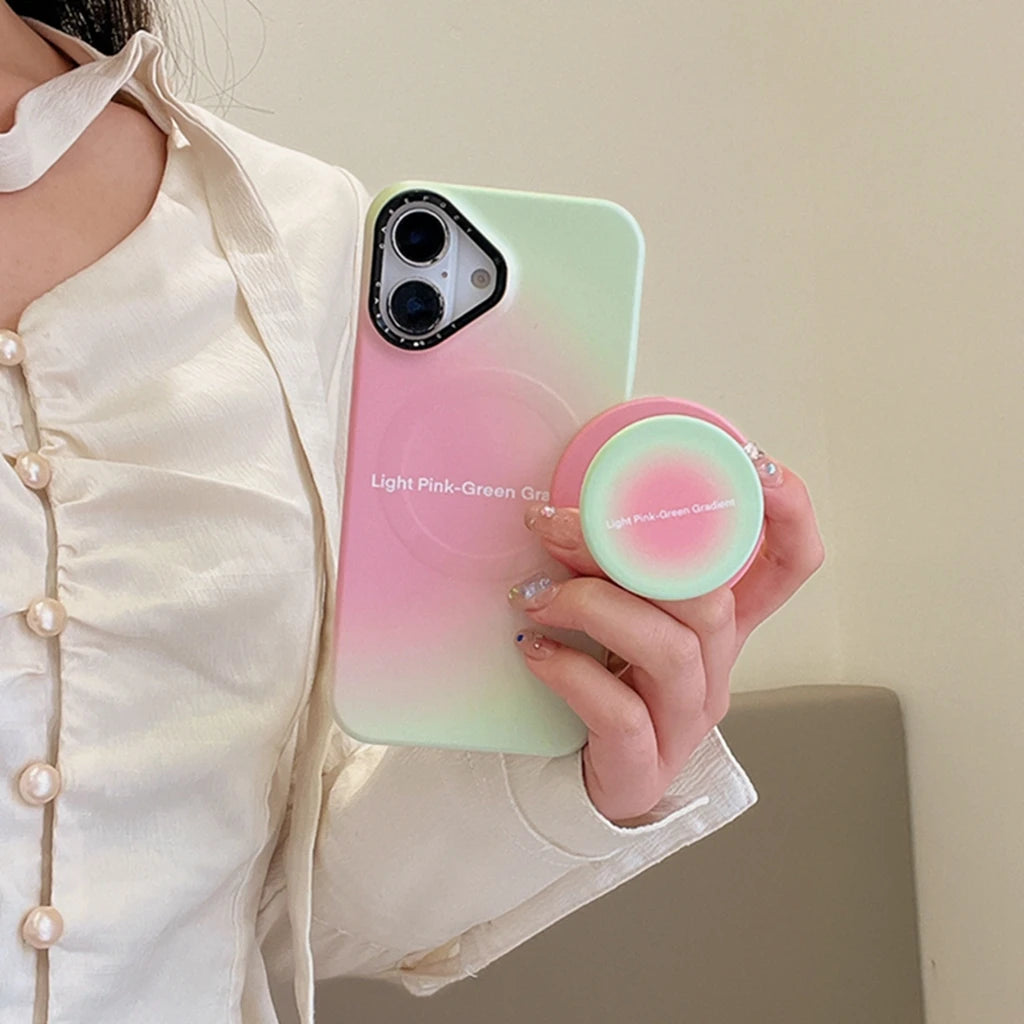 【Magsafe対応】キャンディカラー 滲みグラデ ライトピンク×ミント ラウンドグリップ スマホケース｜iPhone対応 #241213