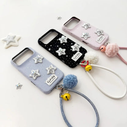 3Dシルバースター もこもこストラップ付き iPhoneケース｜星空グリッター・韓国ガーリー #260002