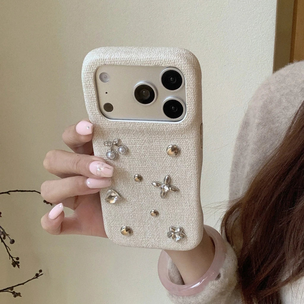 フラワー チェリーモチーフ iPhoneケース｜ビジュー装飾・布調デザイン #240530