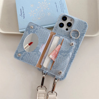 【スネークシリーズ】ヘビ柄 高見え ショルダーストラップケース ＋ カード収納 ミラー ミニポーチ #240916