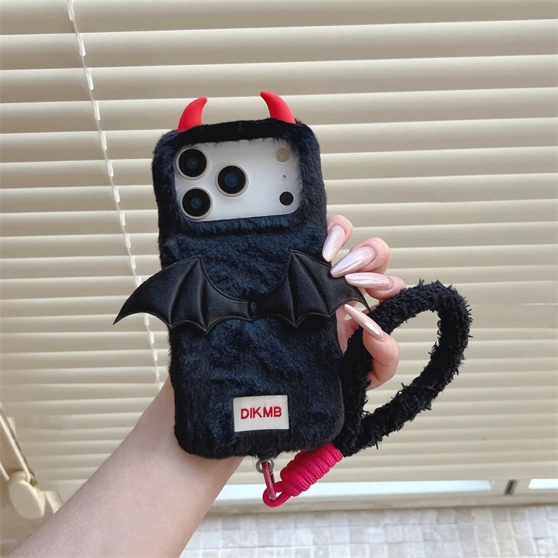 【デビルバットファー】あくまツノ付き×コウモリウィング もこもこスマホケース｜iPhone対応 🦇✨ #250111