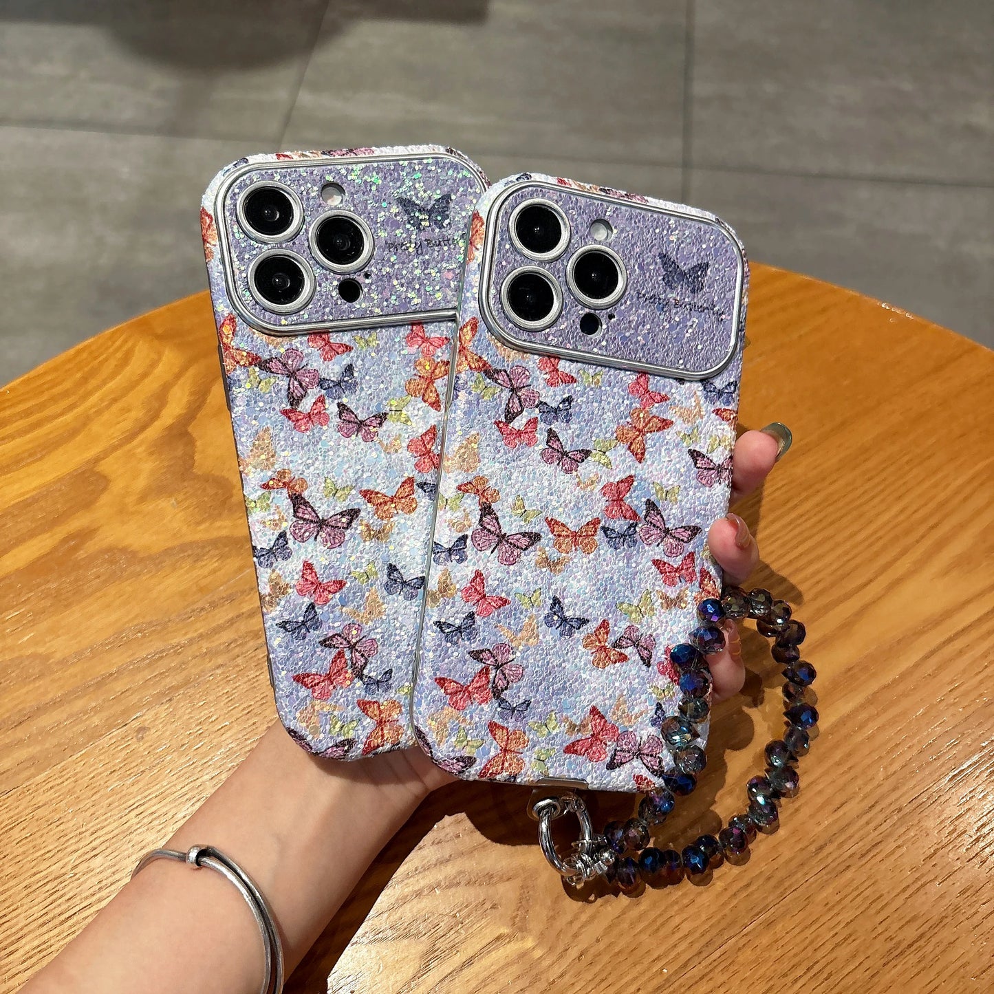 カラフル バタフライ パープルグリッター iPhoneケース｜ビーズストラップ付き #230709