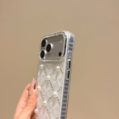 レース リボン キルティング風 ラインストーン パール ストラップ付 iPhoneケース | ガーリー・フレンチ風 #261004