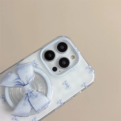【淡ブルーリボン×グリップ付き】ガーリー 透明クリアケース｜iPhone対応 #250510