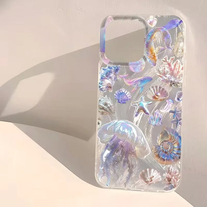 幻想的 オーロラカラー クラゲ 貝殻 ヒトデ ウミガメ 海の生き物  iPhoneケース｜マリン #260086
