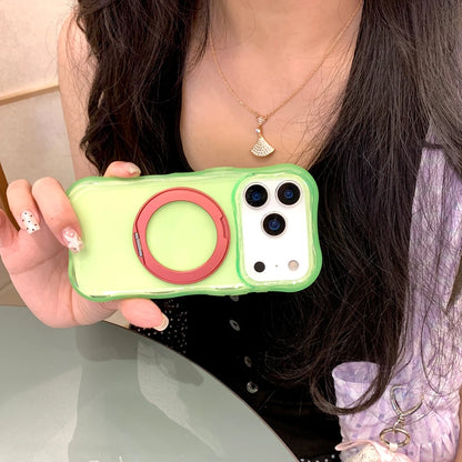 ウェーブフレーム 半透明クリア リングデザイン iPhoneケース｜ポップカラー・ホルダー付き #260083