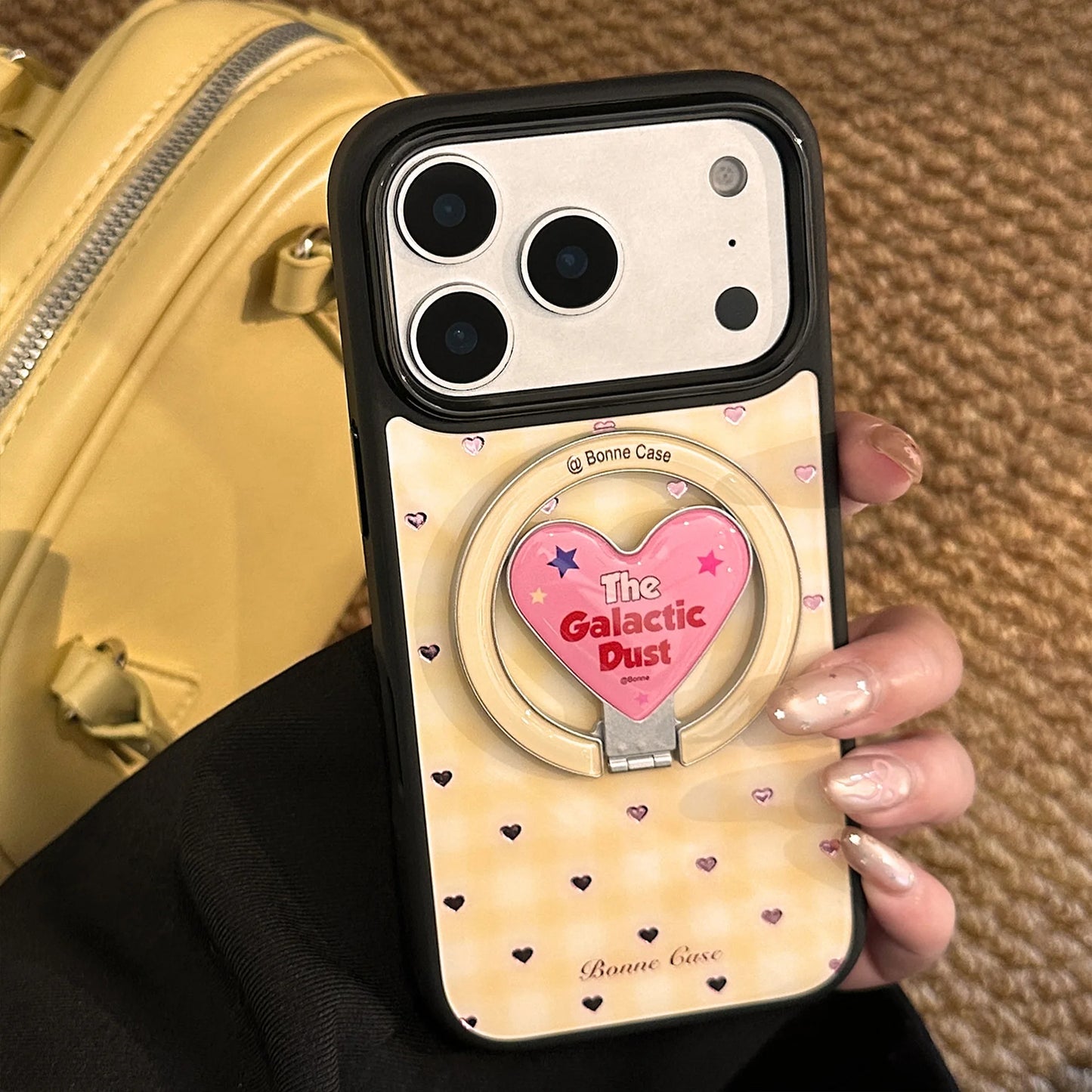 【マグネット式折りたたみハートスタンド付き】イエローチェック ×ピンクハートリング スマホケース｜iPhone対応 #240704