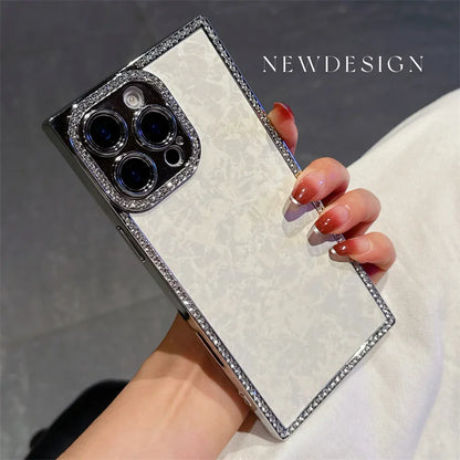 【スクエアシリーズ】大理石風 シェルパール キラキラビジュー スマホケース｜iPhone対応 #250817