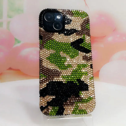 【キラキラビジューシリーズ】カモフラージュ 迷彩柄 フルラインストーン デコ スマホケース｜iPhone対応 #260121