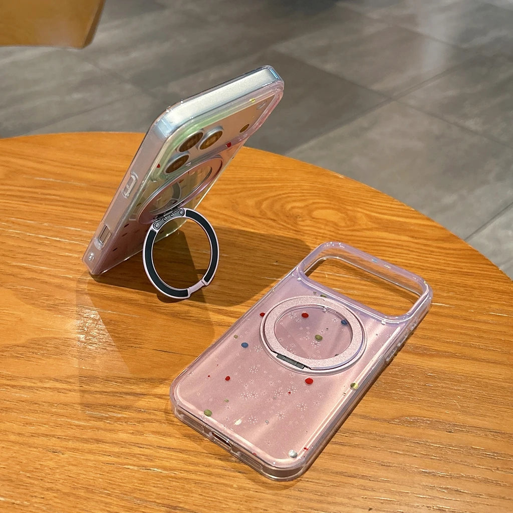 【ドット柄】オーロラグラデーション  iPhoneケース  折りたたみリングスタンド カラフルドット  回転リングホルダー 耐衝撃スマホケース #230901