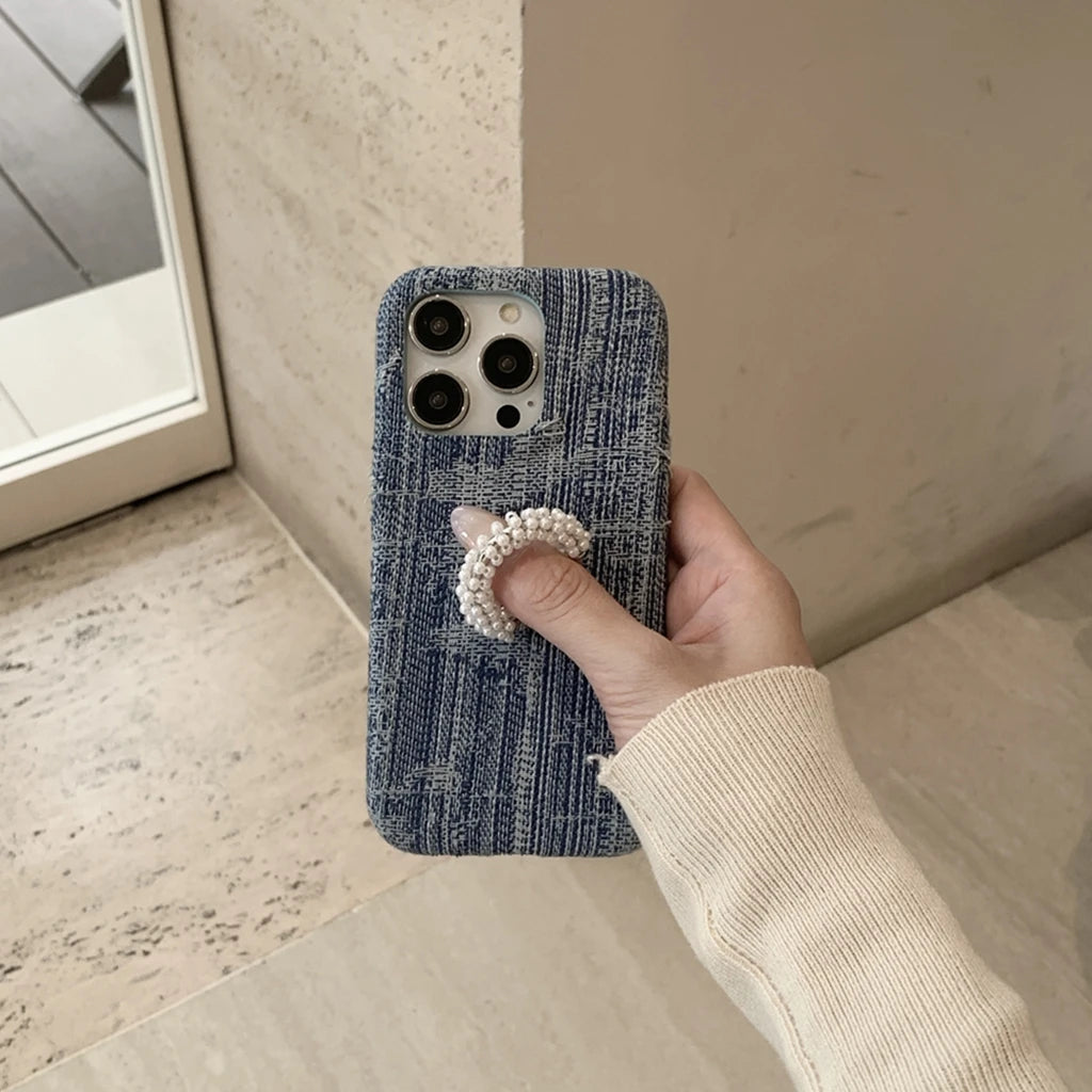 【デニムパール】ヴィンテージ デニム調 パール ビーズリング スタンド スマホケース｜iPhone対応 #250420