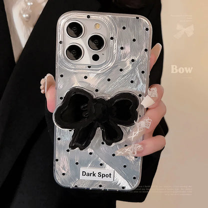 【ダークドット×立体リボンモチーフ】シルバー ホログラム iPhoneケース｜iPhone対応 #250528