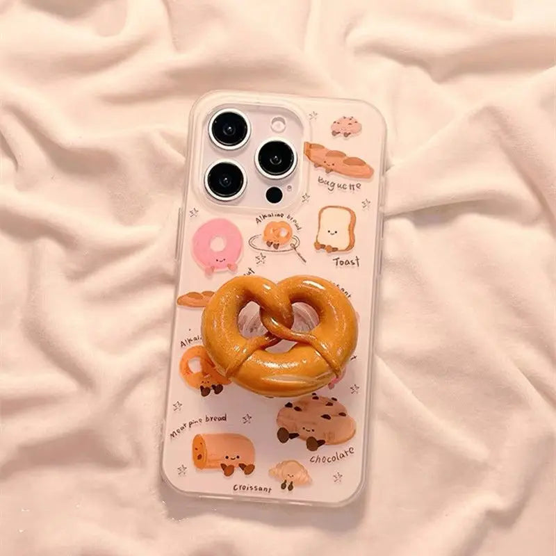 【ベーカリーモチーフ】食パン クロワッサン フランスパン イラスト プレッツェル 立体グリップ付き iPhoneケース #240608