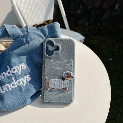 【デニムドッグシリーズ】刺繍ポケット スマホケース｜デニム生地×立体わんこデザイン｜iPhone対応 #241208