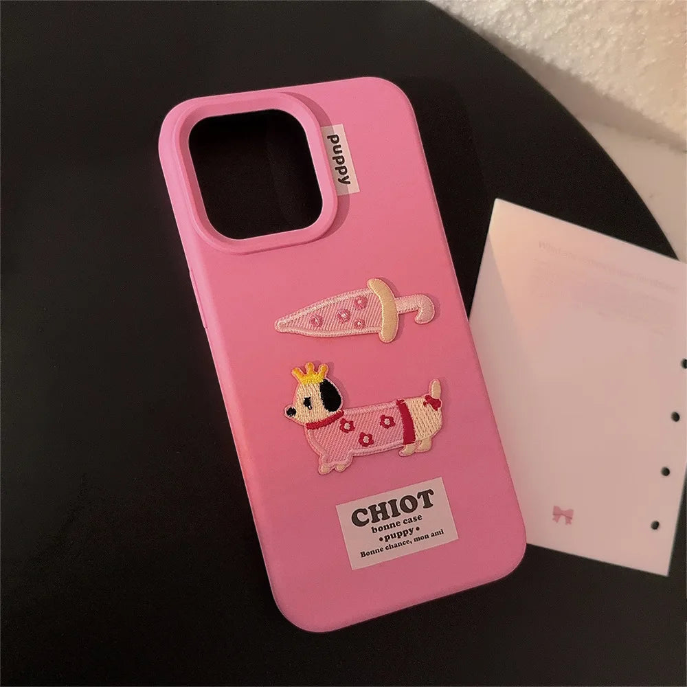 【ピンクパピークラウン】刺繍Dog 犬 × アンブレラ スマホケース｜iPhone対応 #250204