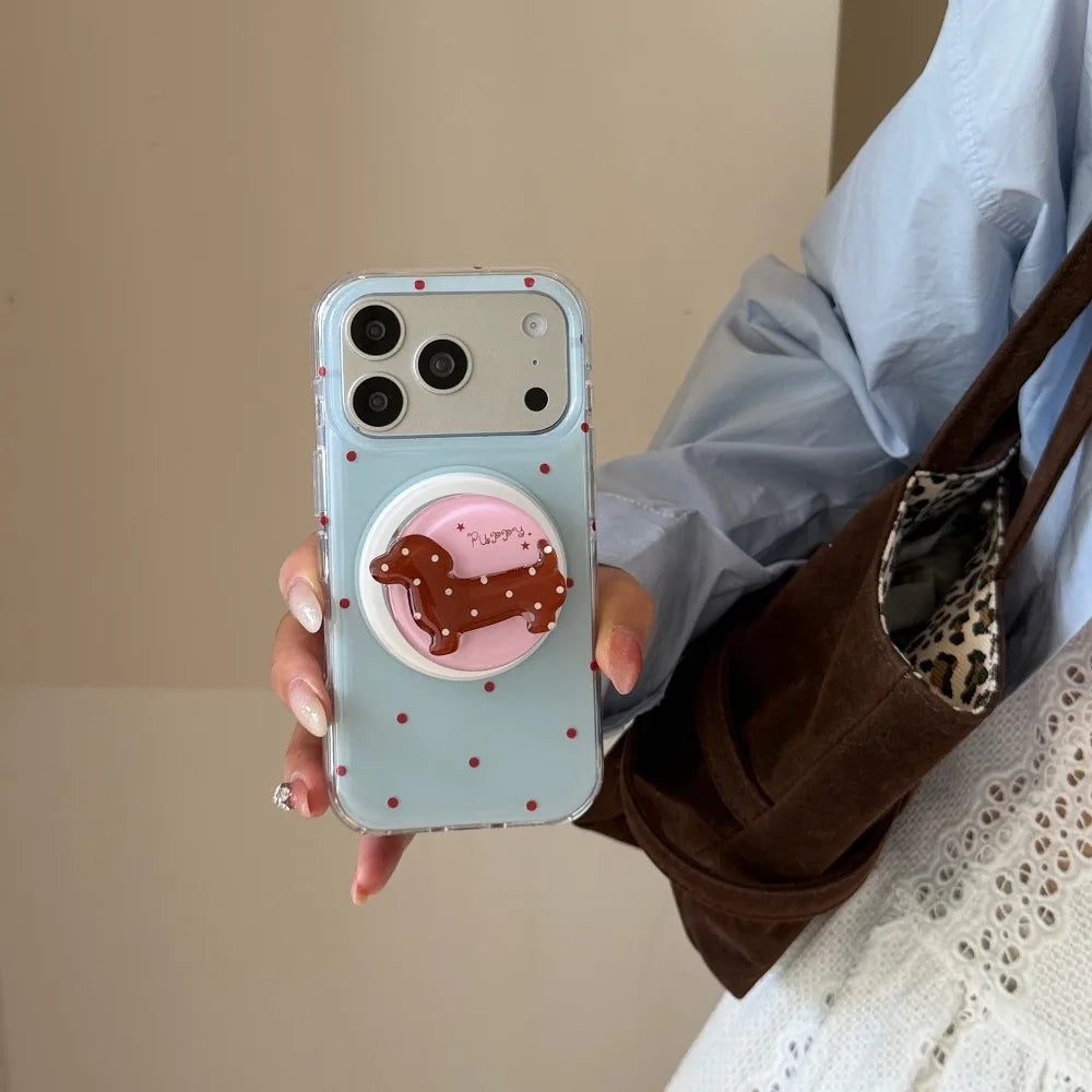 ダックスフンド スタンド付き 淡色ドット Magnet内蔵 iPhoneケース｜レトロかわいい #261257　