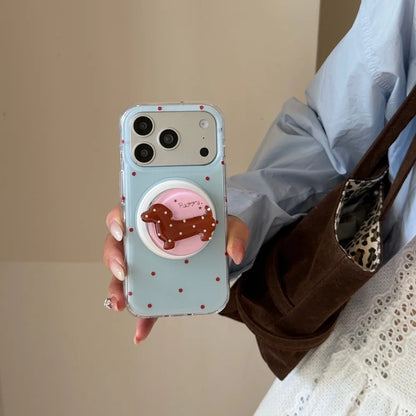 ダックスフンド スタンド付き 淡色ドット Magnet内蔵 iPhoneケース｜レトロかわいい #261257　