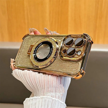 【折りたたみリングスタンド】高級感 ゴールド×ラメ リング付き iPhoneケース｜耐衝撃・スタンド機能・キラキラデザイン｜iPhone対応 #250407