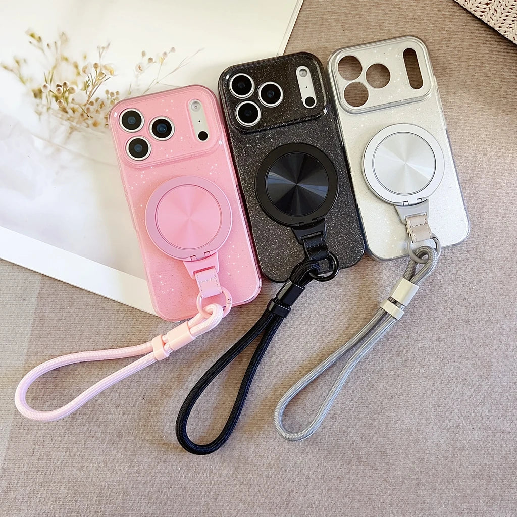 ラメグリッター×ストラップ付き Magnet内蔵 リングスタンド iPhoneケース #231115