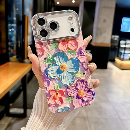 【フラワーアートシリーズ】カラフルハンドペイント風 キラキラレンズ保護 花柄 スマホケース｜iPhone対応 #251208