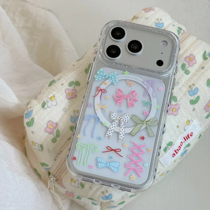 リボン総柄 クリアグリッター Magnetグリップ付き iPhoneケース #260213