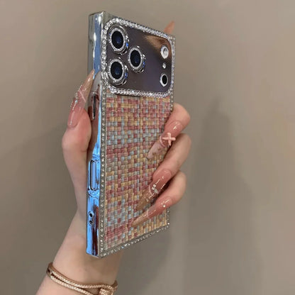 【スクエアシリーズ】ツイードジュエル ラインストーン 高級感 ツイード調 スマホケース｜iPhone対応 #250302