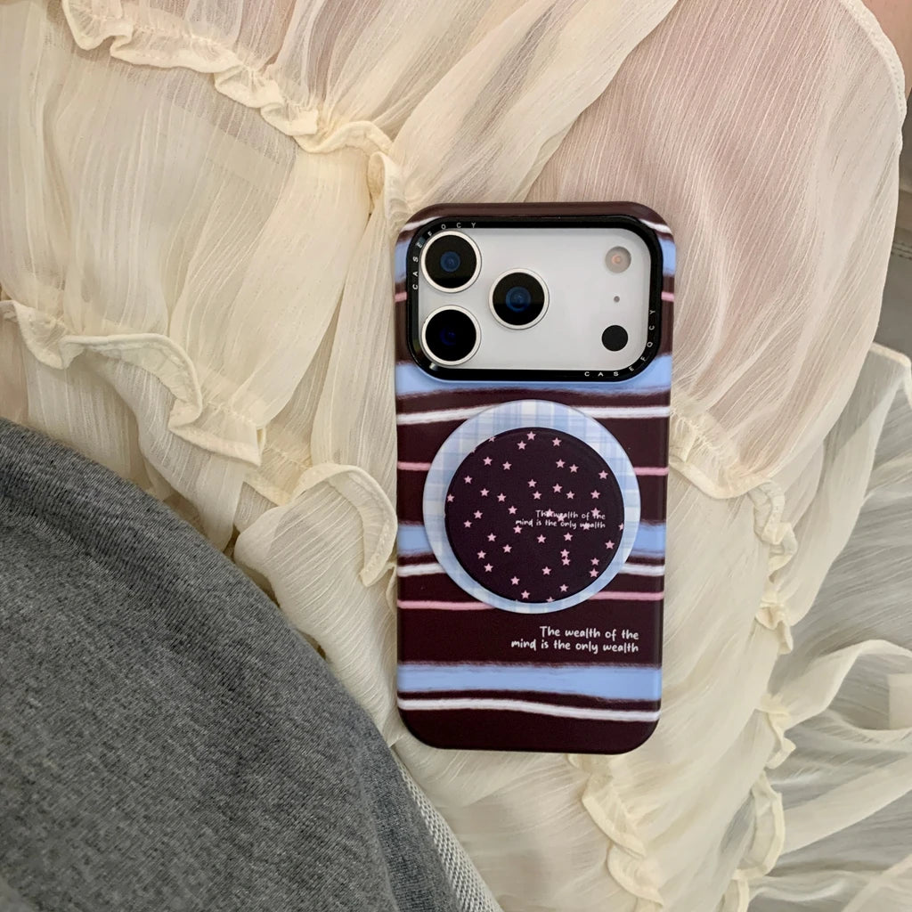 【Magsafe対応】ボルドー マルチカラーストライプ ×ドット スター スタンド スマホケース｜iPhone対応 #241224